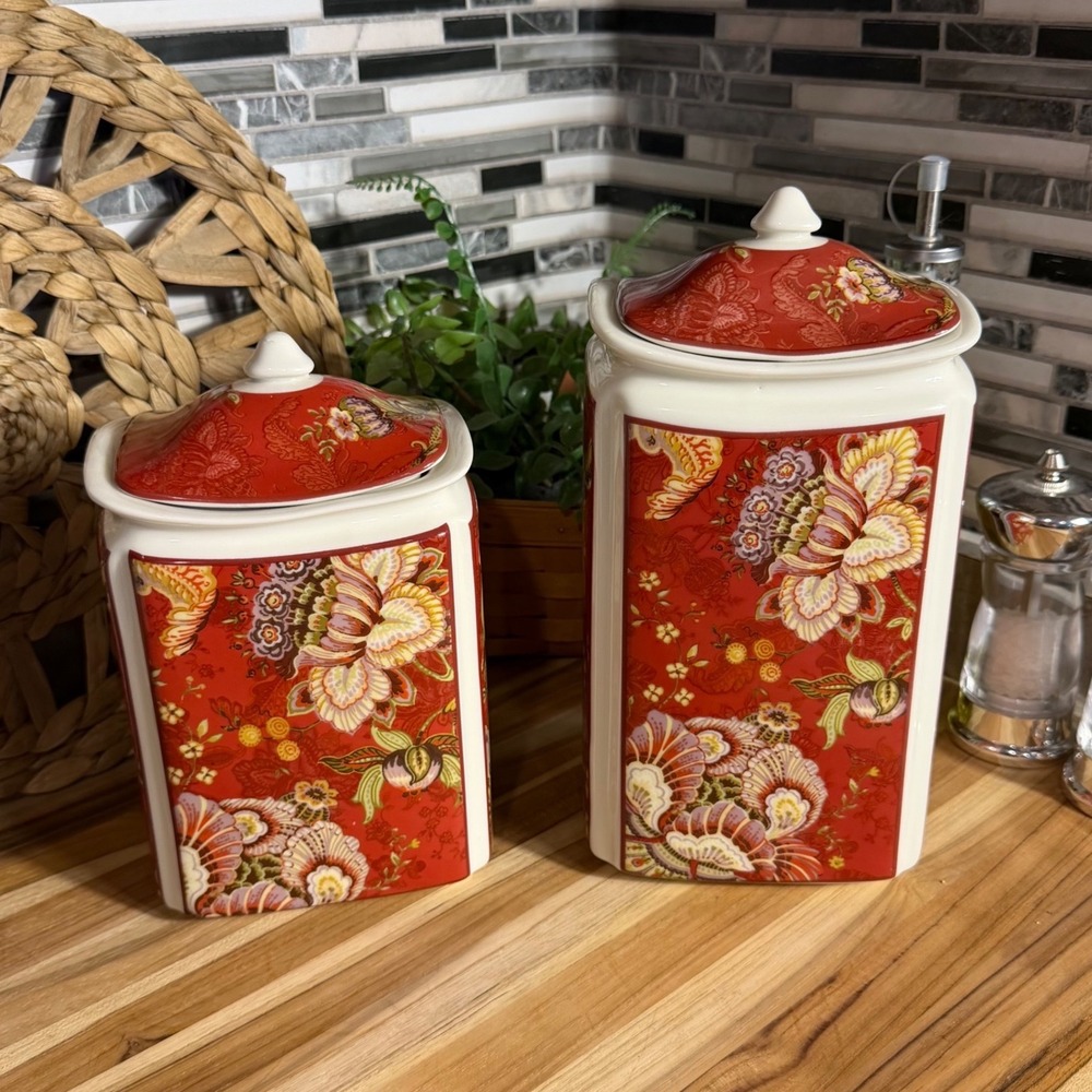 222 Fifth Gabrielle Red Fine China Canister Set 2 Floral Kitchen Storage‎ Lids